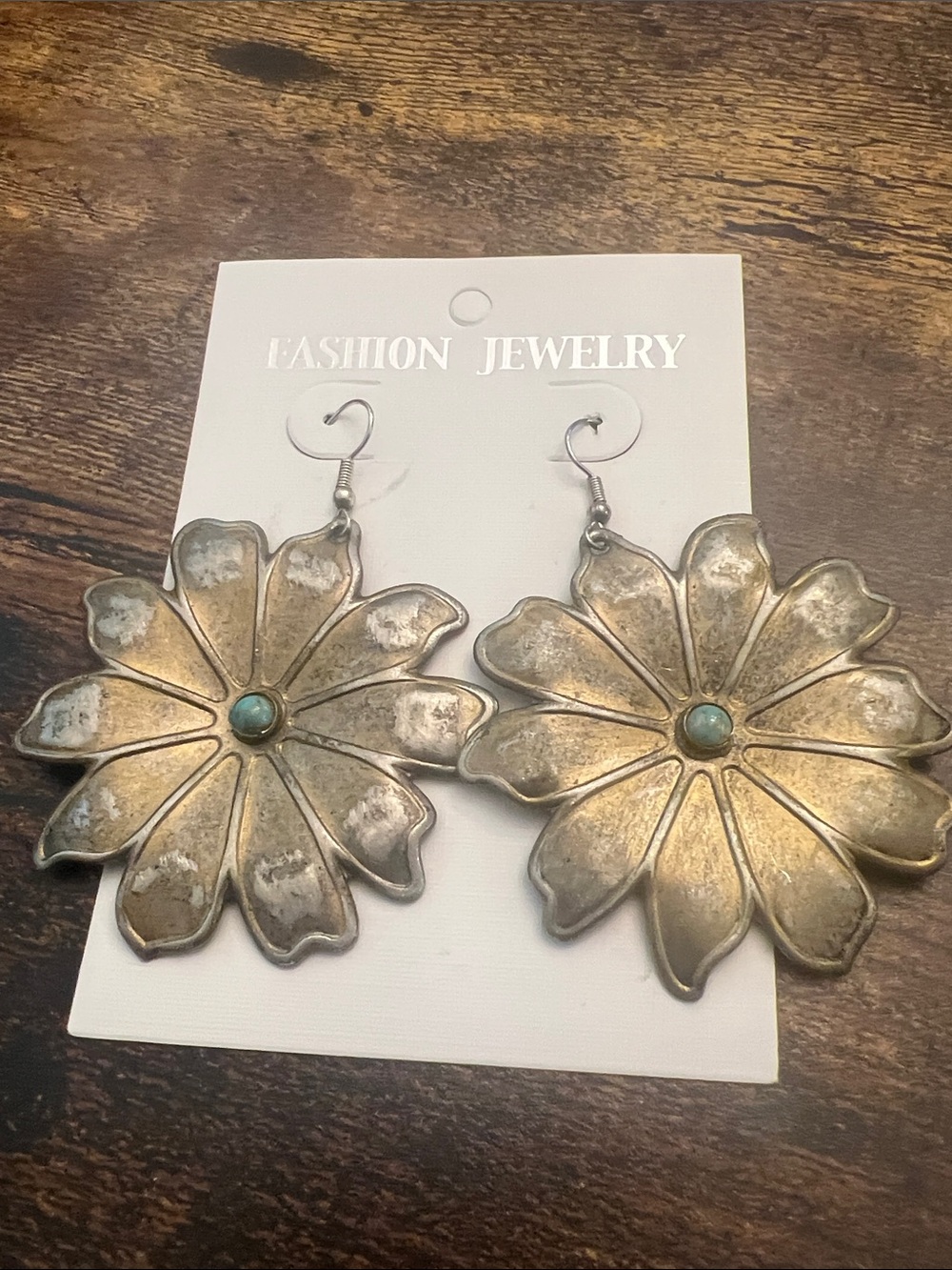 Fashion Jewelry Gold-Tone Flower Earrings with Turquoise Center - Picture 1 of 6